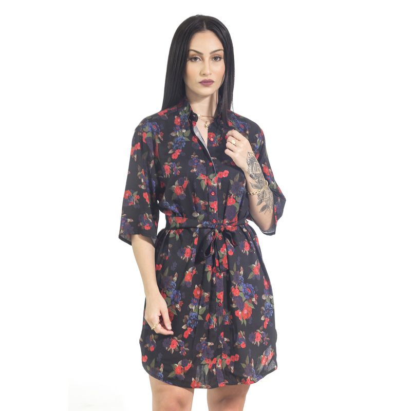 Saída de Praia Camisão Floral Preto Fiorella - Fyorella