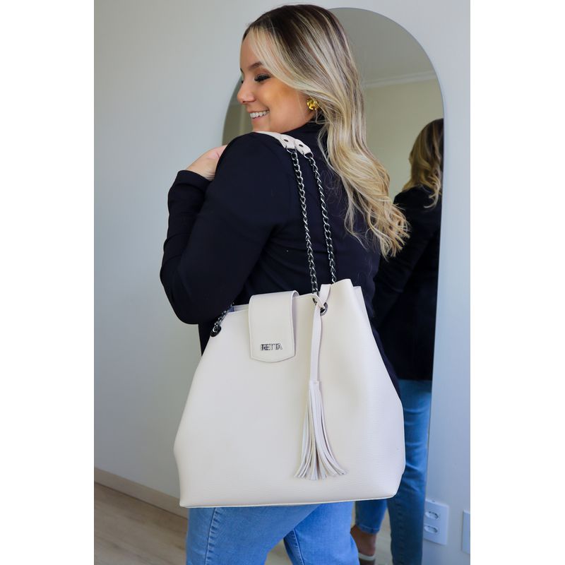 Kit Bolsa Saco Corrente Grande Marfim + Bolsa Pequena Tiracolo Chloe Preta 