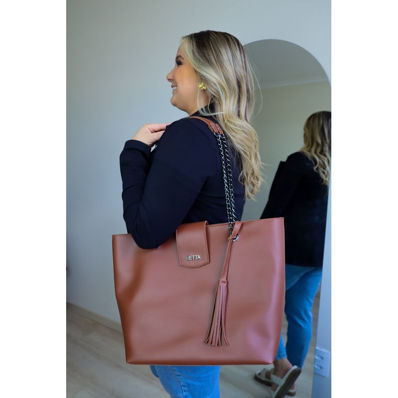 Kit Bolsa Saco Corrente Grande Caramelo + Bolsa Pequena Tiracolo Chloe Marfim