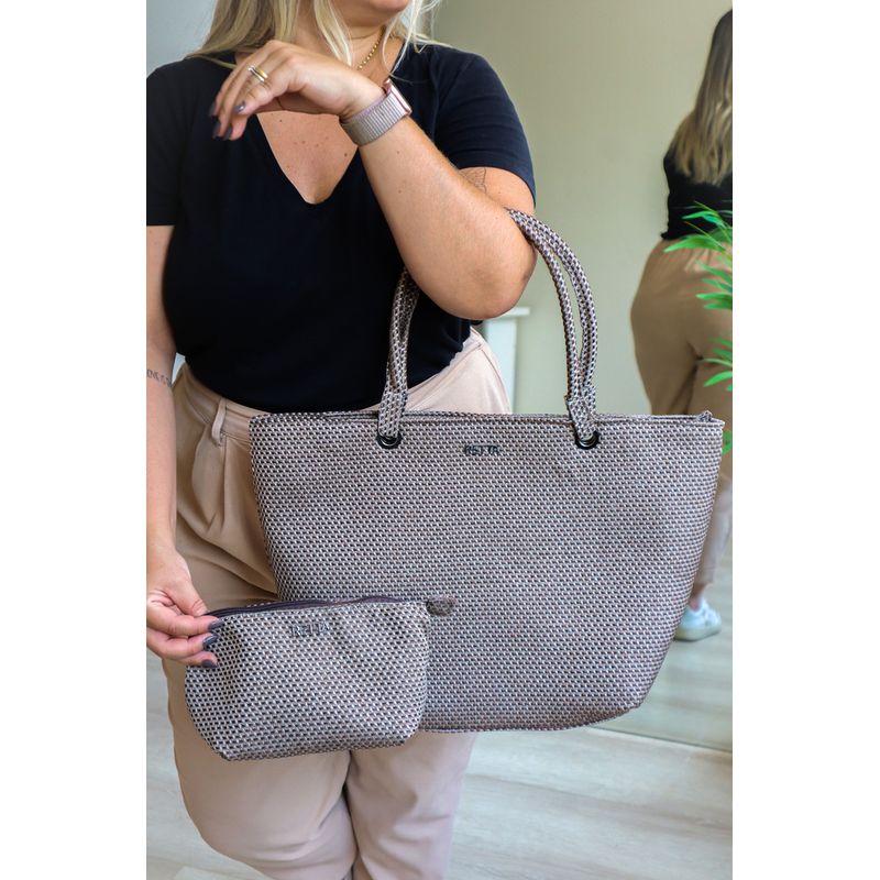 Bolsa de Praia Grande com Necessaire Marrom e Nude