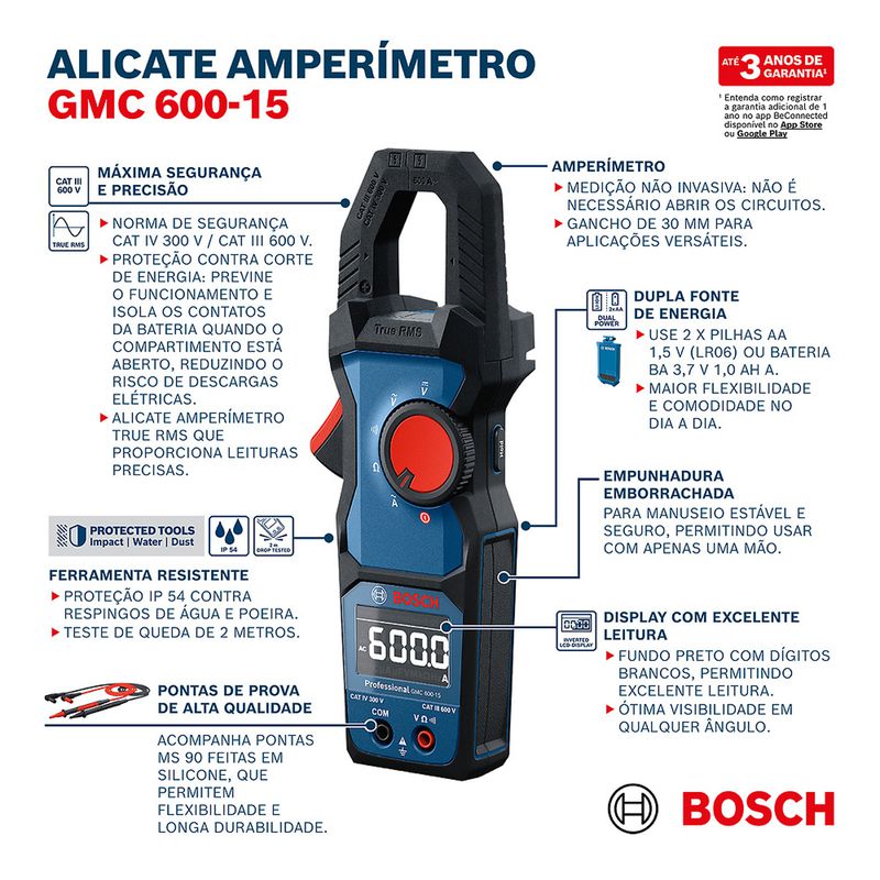 Alicate Amperímetro TRMS - GMC 600-15 (0601077600) - Bosch