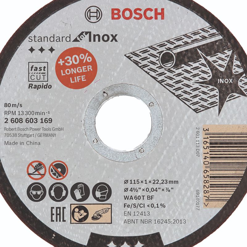 Disco de Corte Inox 4.1/2'' (115x1mm Reto - 10 Uni.) - Bosch 
