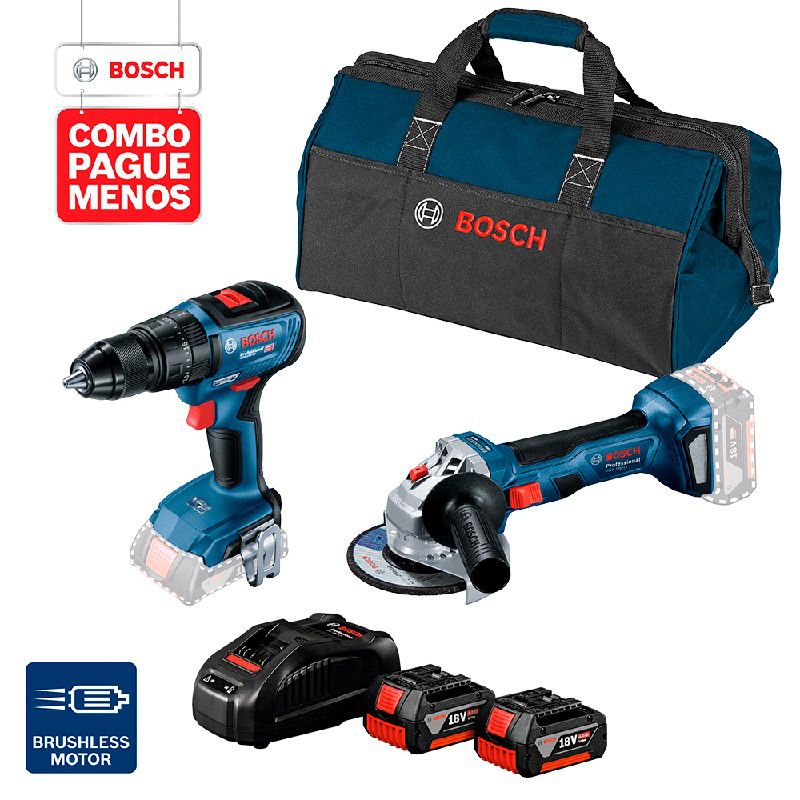 Combo Pague Menos Bosch 18V - Parafus. e Furadeira de Impacto de Impacto GSB 18V-50 + Esmerilhadeira GWS 180-LI, 2 baterias 18V 4,0Ah 1 carregador e 1 bolsa