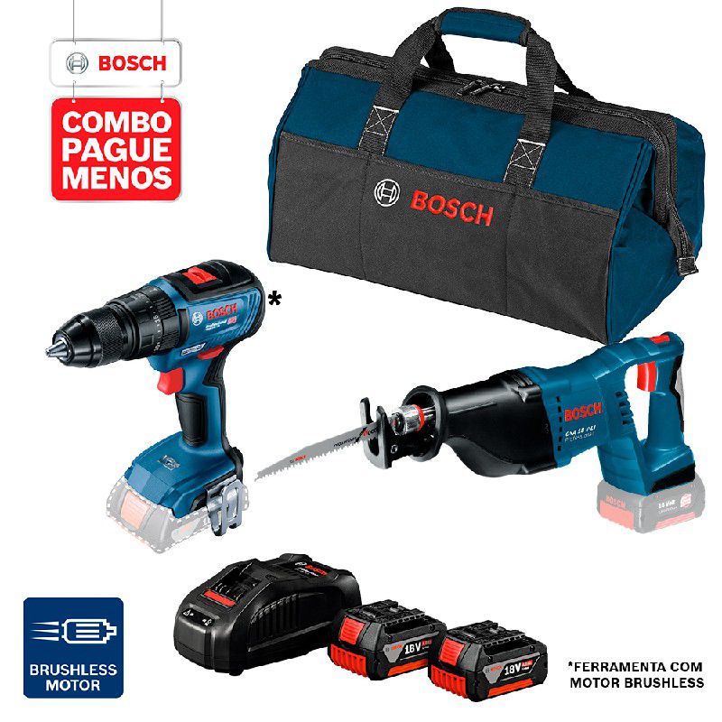 Combo Pague Menos Bosch 18V - Parafus. e Furadeira de Impacto de Impacto GSB 18V-50 + Serra Sabre GSA 18V-LI, 2 baterias 18V 4,0Ah 1 carregador e 1 bolsa