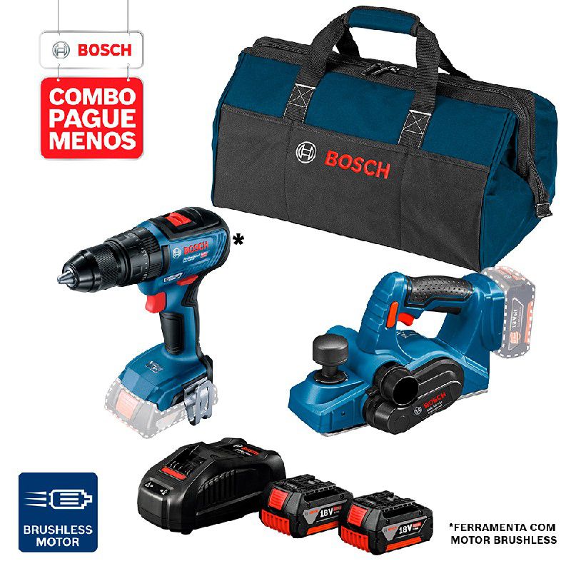 Combo Pague Menos Bosch 18V - Parafus. e Furadeira de Impacto de Impacto GSB 18V-50 + Plaina GHO 18V-LI, 2 baterias 18V 4,0Ah 1 carregador e 1 bolsa