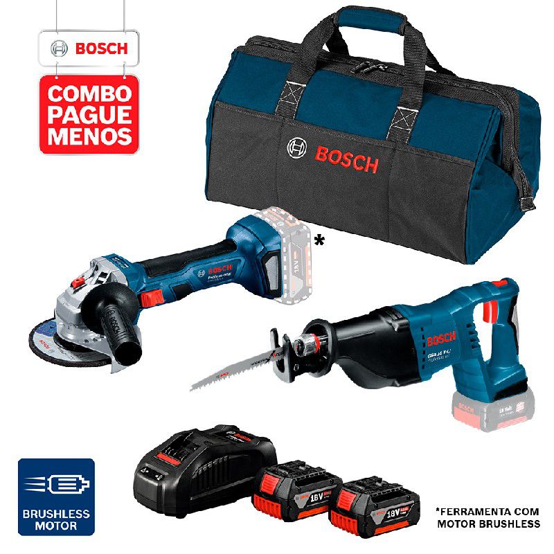 Combo Pague Menos Bosch 18V - Esmerilhadeira GWS 180-LI + Serra Sabre GSA 18V-LI, 2 baterias 18V 4,0Ah 1 carregador e 1 bolsa