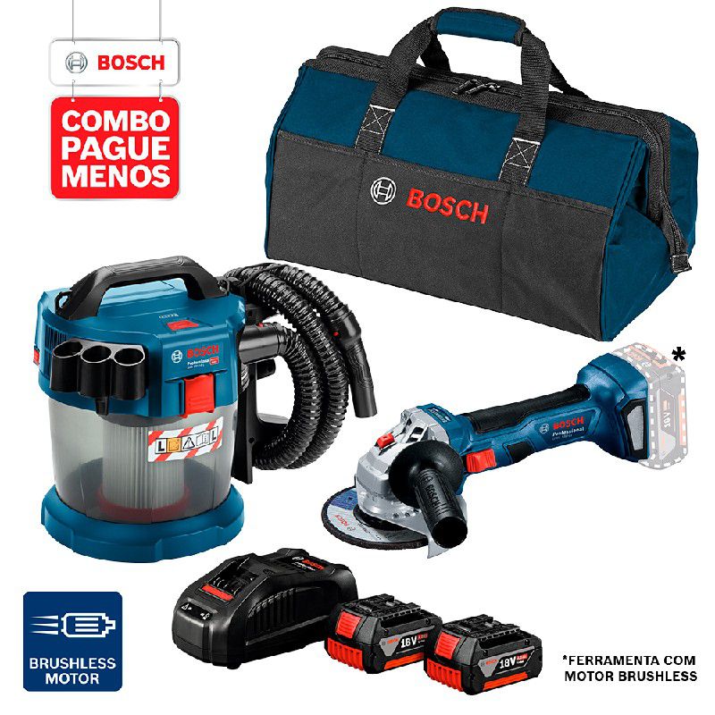Combo Pague Menos Bosch 18V - Esmerilhadeira GWS 180-LI + Aspirador de Pó GAS 18V-10 L, 2 baterias 18V 4,0Ah 1 carregador e 1 bolsa