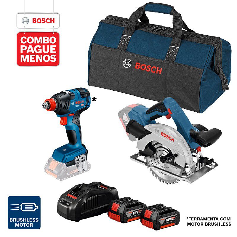 Combo Pague Menos Bosch 18V - Serra Circular GKS 18V-57 + Chave de Impacto GDX 18V-200, 2 baterias 18V 4,0Ah 1 carregador e 1 bolsa