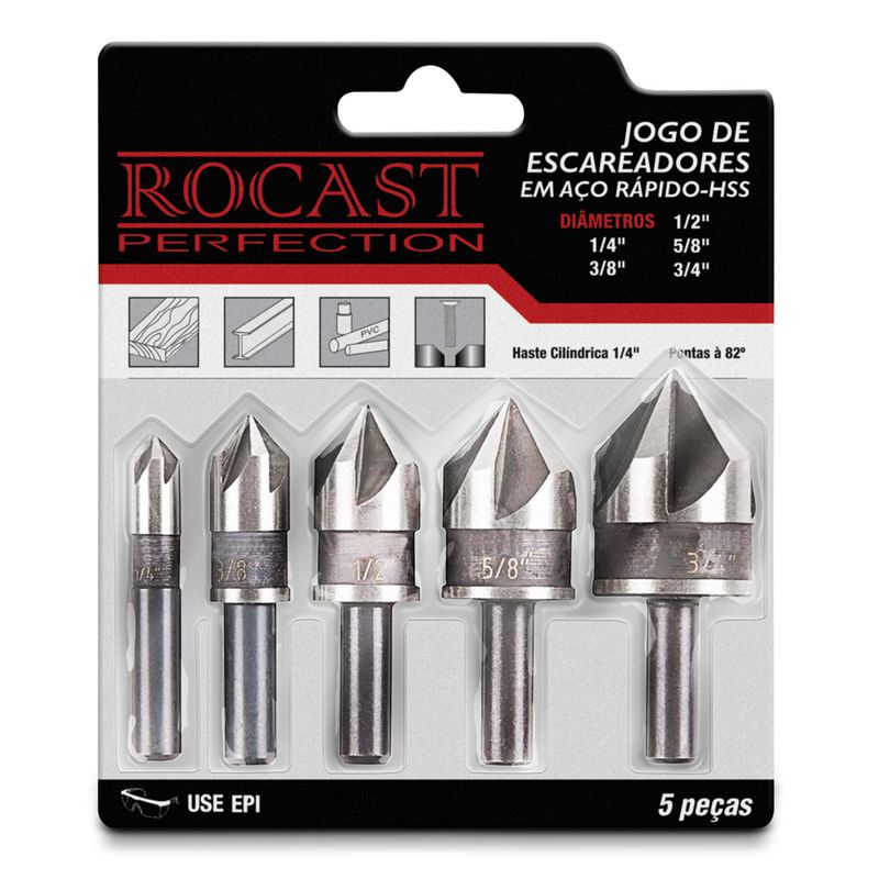 Jogo 5 Escareadores em Aço Rápido HSS 1/4pol a 3/4pol 250,0006 ROCAST