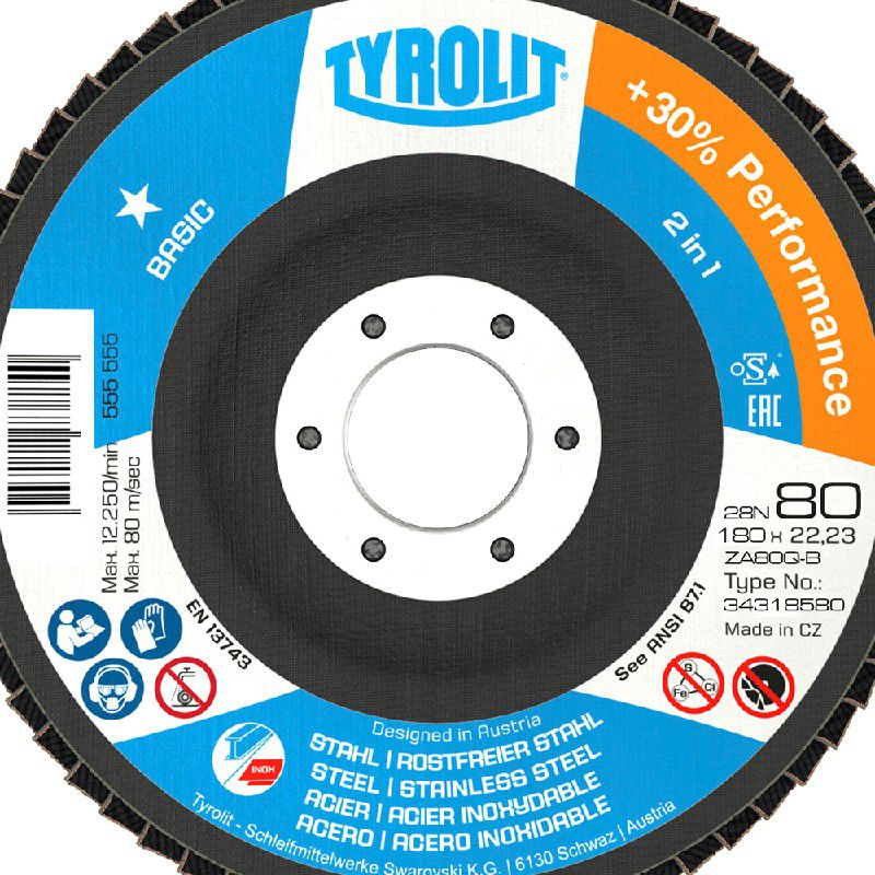 Disco de Lixa Flap Plano 180mm Grana 80 - Basic 28N - 34318580 - TYROLIT