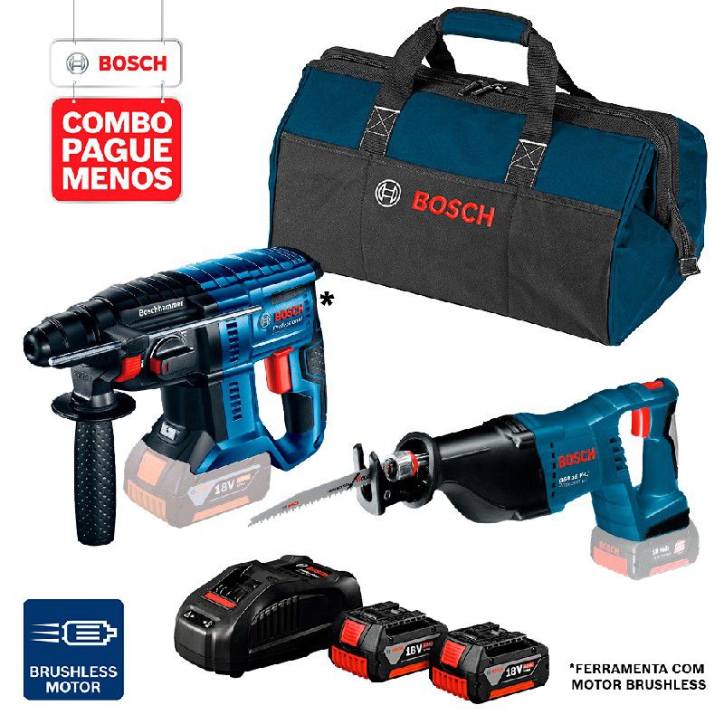 Combo Pague Menos Bosch 18V - Martelete Perf. GBH 180-LI SDS-Plus, 2J + Serra Sabre GSA 18V-LI, 2 baterias 18V 4,0Ah 1 carregador e 1 bolsa