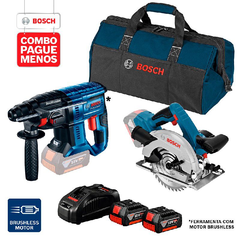 Combo Pague Menos Bosch 18V - Martelete Perf. GBH 180-LI SDS-Plus, 2J + Serra Circular GKS 18V-57, 2 baterias 18V 4,0Ah 1 carregador e 1 bolsa 