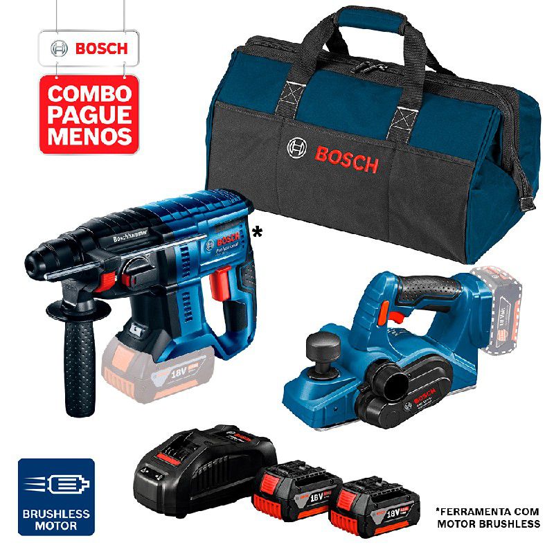 Combo Pague Menos Bosch 18V - Martelete Perf. GBH 180-LI SDS-Plus, 2J + Plaina GHO 18V-LI, 2 baterias 18V 4,0Ah 1 carregador e 1 bolsa