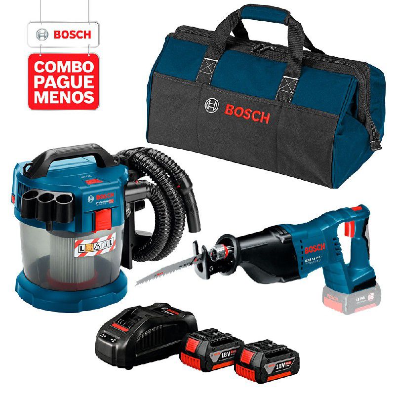 Combo Pague Menos Bosch 18V - Serra Sabre GSA 18V-LI + Aspirador de Pó GAS 18V-10 L, 2 baterias 18V 4,0Ah 1 carregador e 1 bolsa