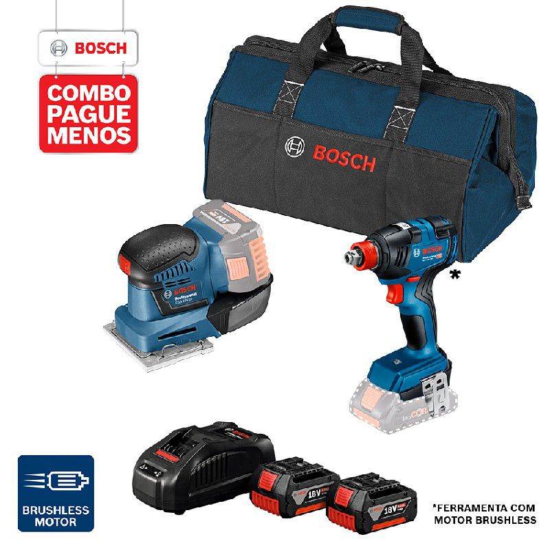 Combo Pague Menos Bosch 18V - Chave de Impacto GDX 18V-200 + Lixadeira GSS 18V-10, 18V, 2 baterias 18V 4,0Ah 1 carregador e 1 bolsa