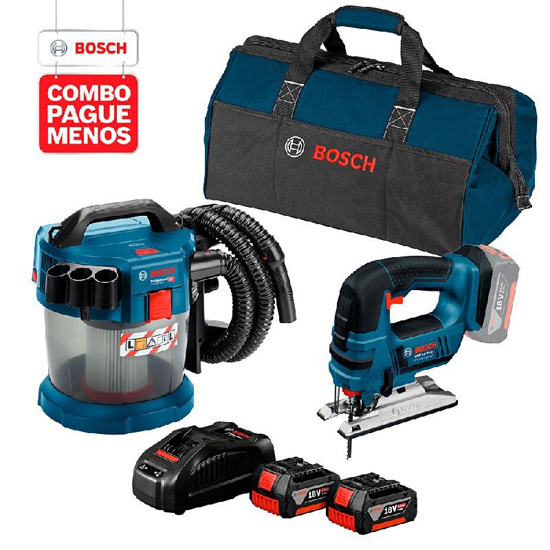 Combo Pague Menos Bosch 18V -Aspirador de Pó GAS 18V-10 L + Serra Tico-Tico GST 18V-LI, 2 baterias 18V 4,0Ah 1 carregador e 1 bolsa
