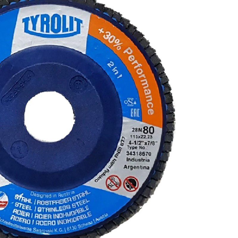 Disco de Lixa Flap Plano 115mm Grana 80 - Basic 28N - 34318570 - TYROLIT