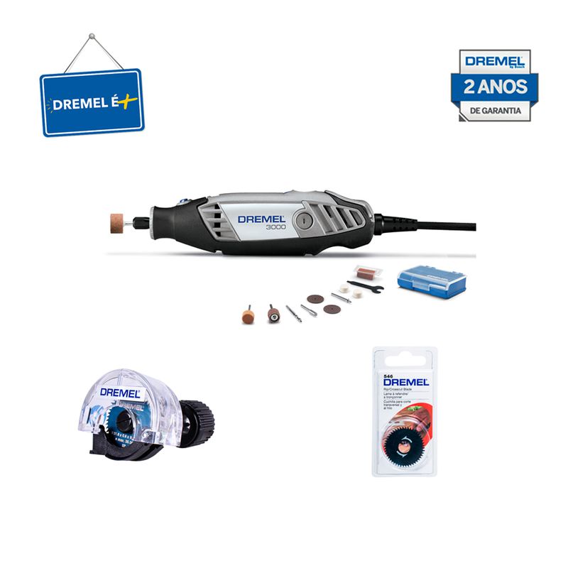 Kit Dremel Micro Retífica 3000 + Acoplamento de Mini Serra + Disco de Corte