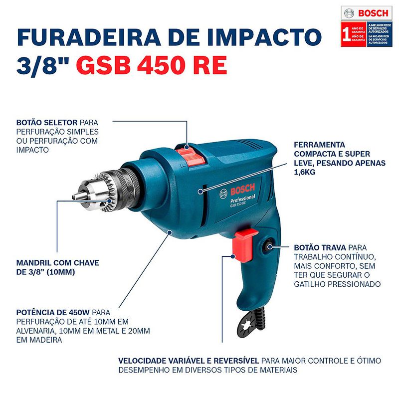 Furadeira de Impacto GSB 450 RE 450W 127V com 3 Brocas - Bosch