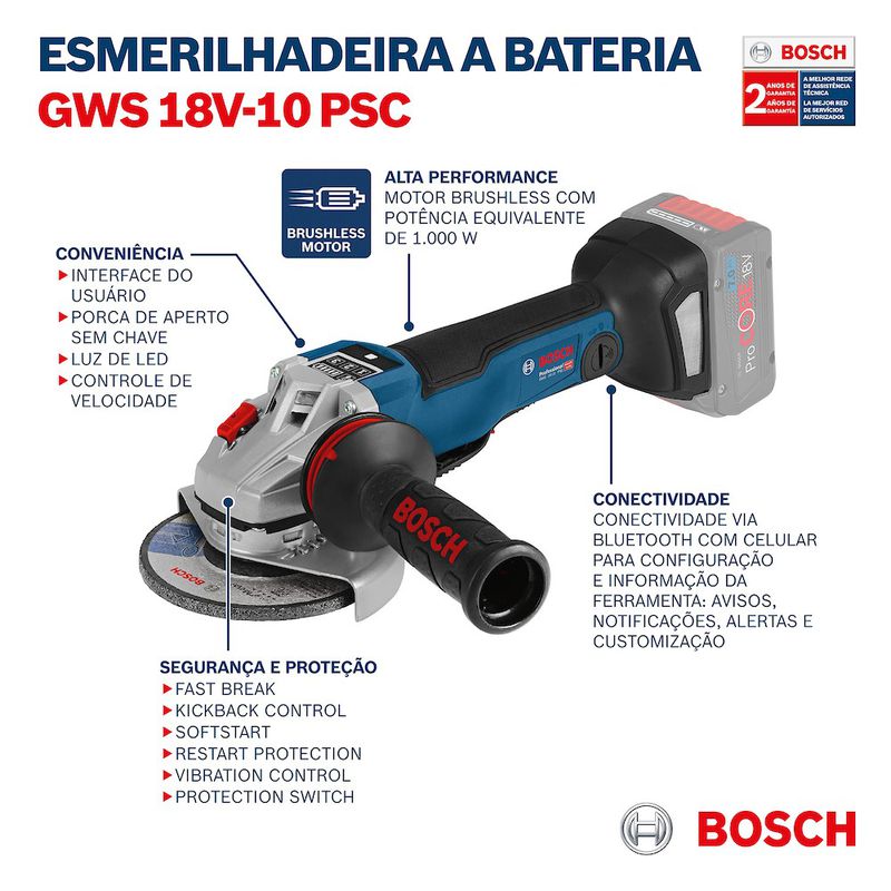 Esmerilhadeira Bosch GWS 18V-10 PSC, 18V SB, 1000 W, em maleta