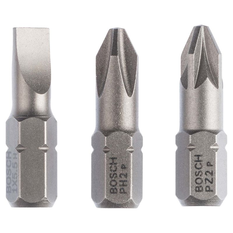 Jogo de Pontas para parafusar Bosch 25mm, 3 peças S1,0x5,5, PH2, PZ2 Extra Hard