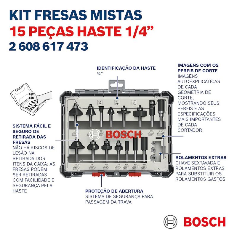 Jogo de fresas misto Bosch Standard encaixe de 1/4'' 15 peças