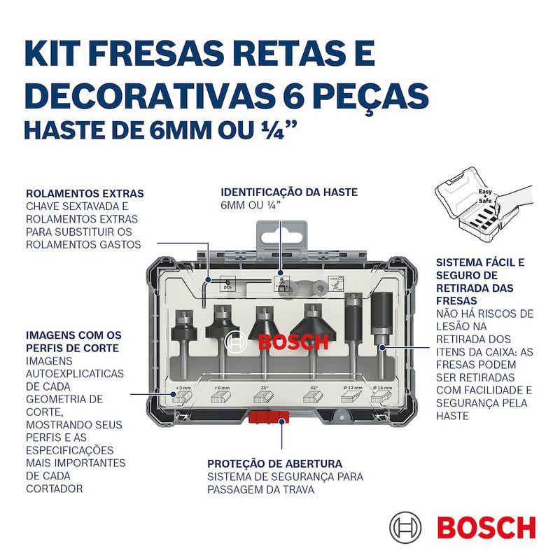 Jogo de fresas Bosch Standard encaixe de 1/4'' 6 peças