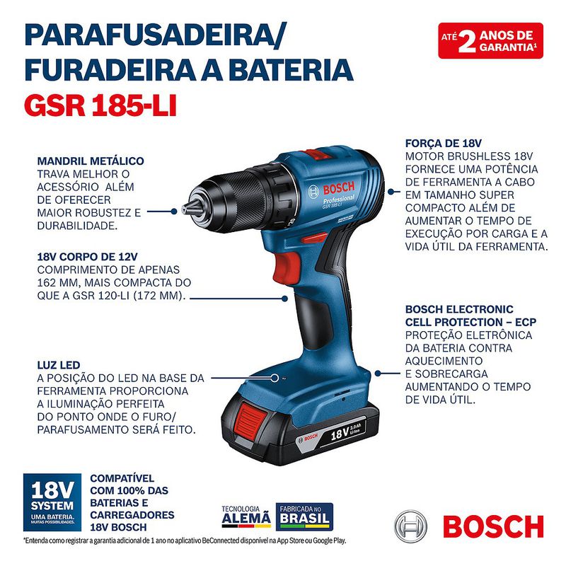 Furadeira Parafusadeira 18V GSR185- LI Sem Fio 2 baterias - Bosch 