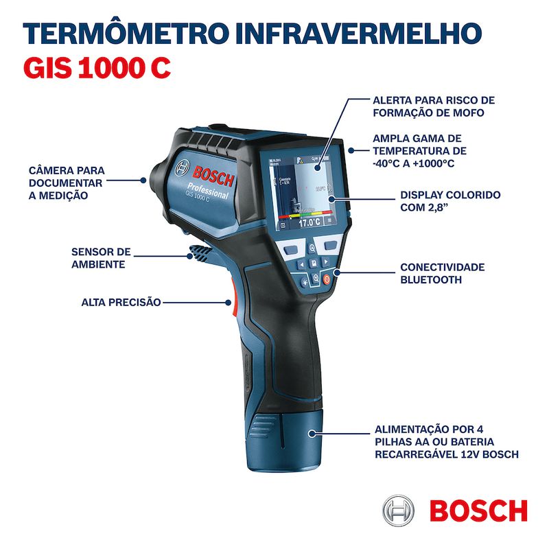 Termômetro infravermelho Bosch GIS 1000 C até 1000 ºC com Bluetooth