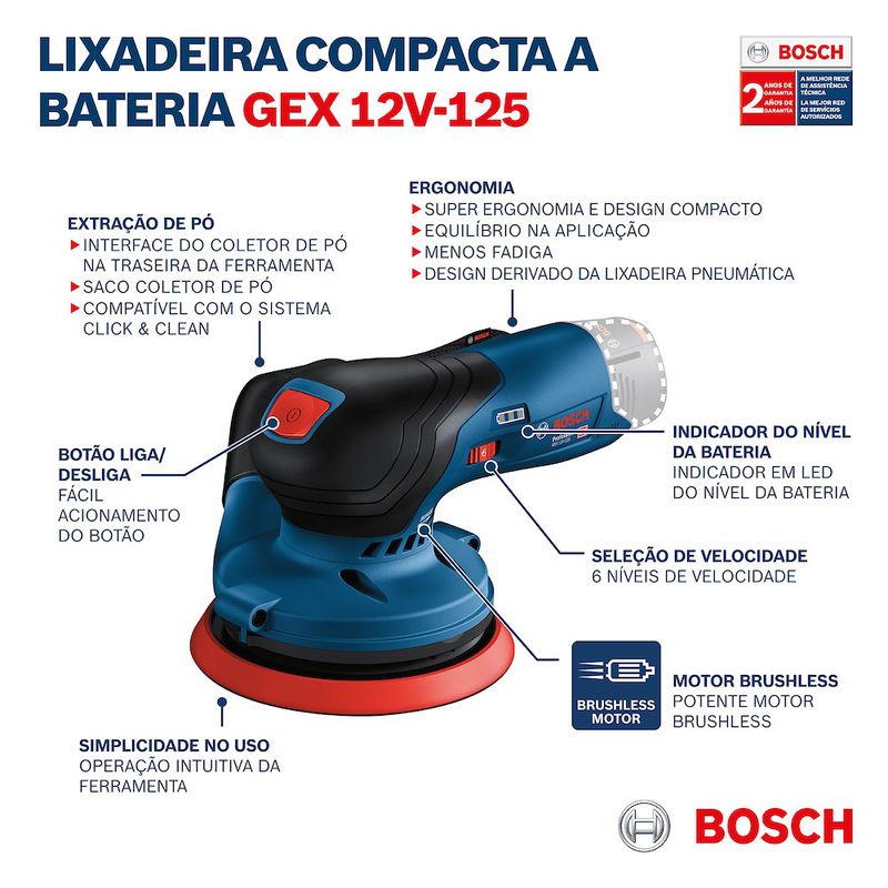 Lixadeira roto orbital a bateria Bosch GEX 12V-125, Brushless, SB