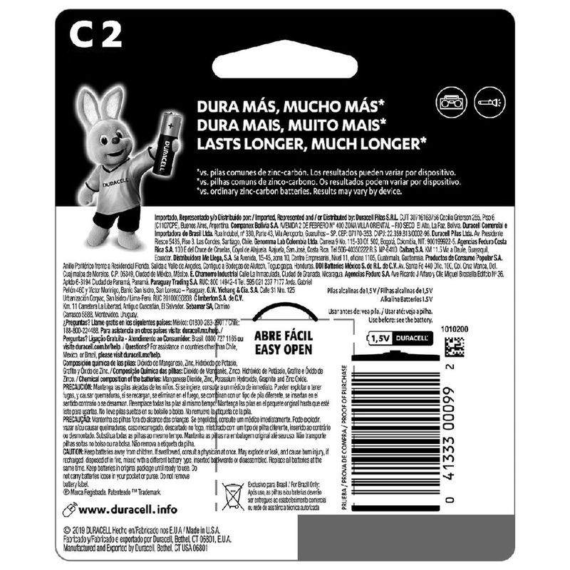 Pilha Alcalina C Média Com 2 Unidades (105922) - Duracell