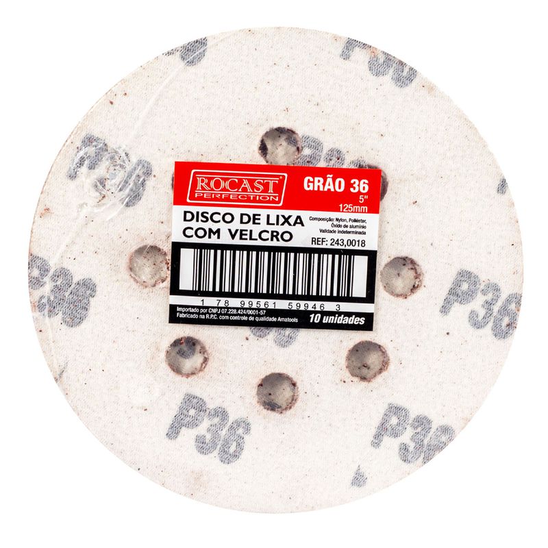 Kit Disco de Lixa Com Velcro 5'' GR. 36 Com 10 Unidades (243,0018) - Rocast