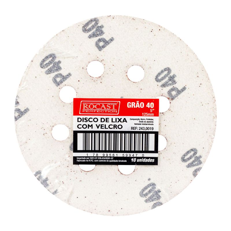 Kit Disco de Lixa Com Velcro 5'' GR. 40 Com 10 Unidades (243,0019) - Rocast