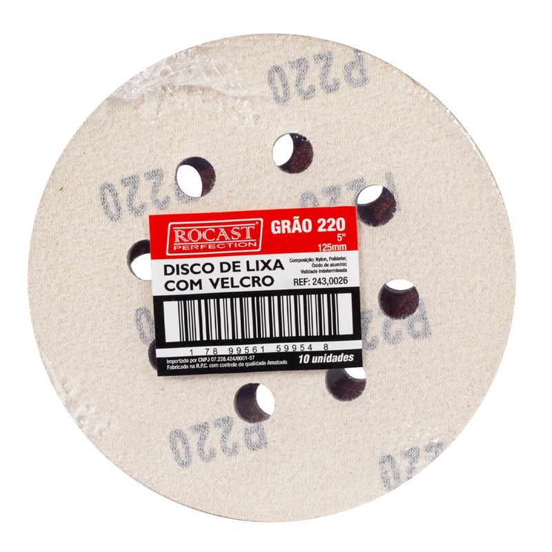 Kit Disco de Lixa Com Velcro 5'' GR. 220 Com 10 Unidades (243,0026) - Rocast