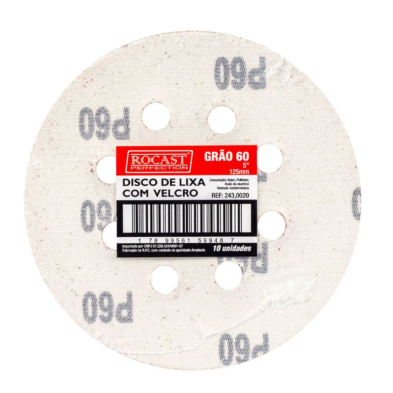 Kit Disco de Lixa Com Velcro 5'' GR. 60 Com 10 Unidades (243,0020) - Rocast