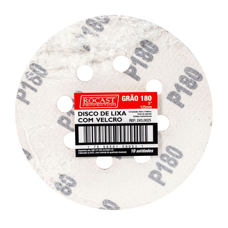 Kit Disco de Lixa Com Velcro 5'' GR. 180 Com 10 Unidades (243,0025) - Rocast
