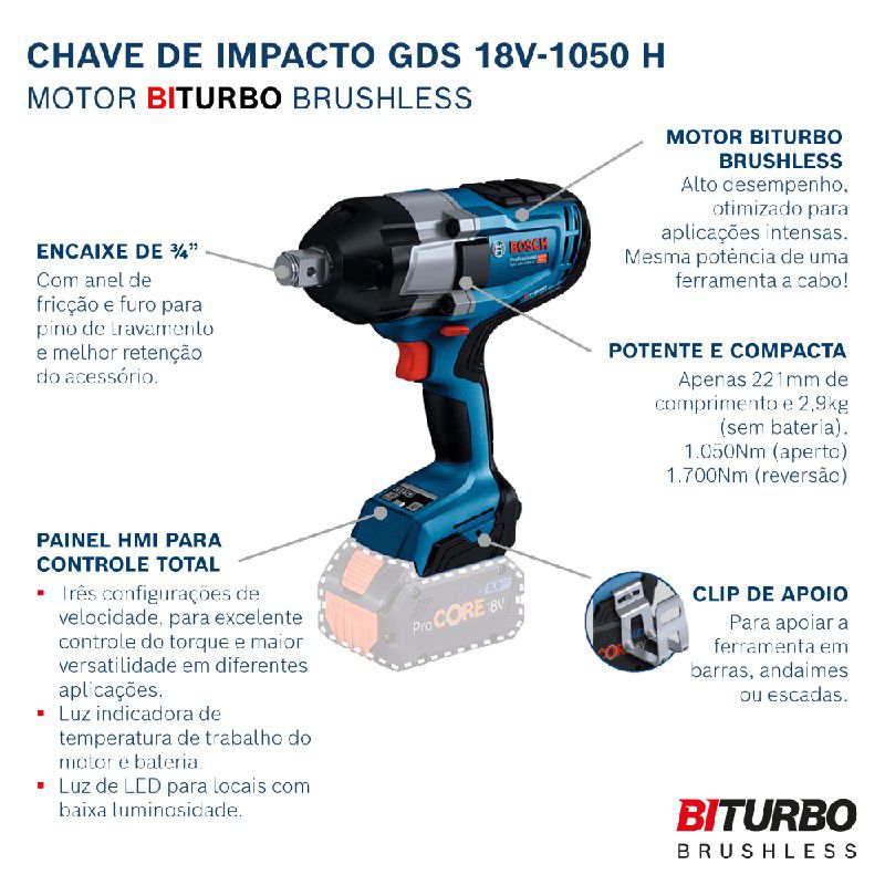 Chave de Impacto a bateria Bosch GDS 18V-1050 H, 18V SB