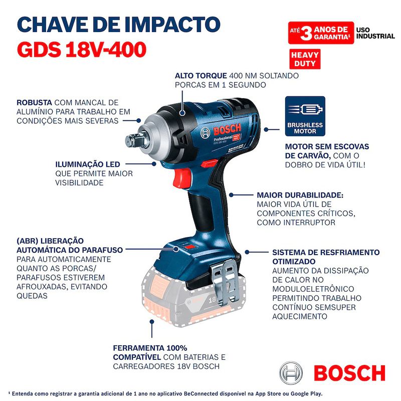 Chave de Impacto a bateria Bosch GDS 18V-400 Brushless 18V SB maleta