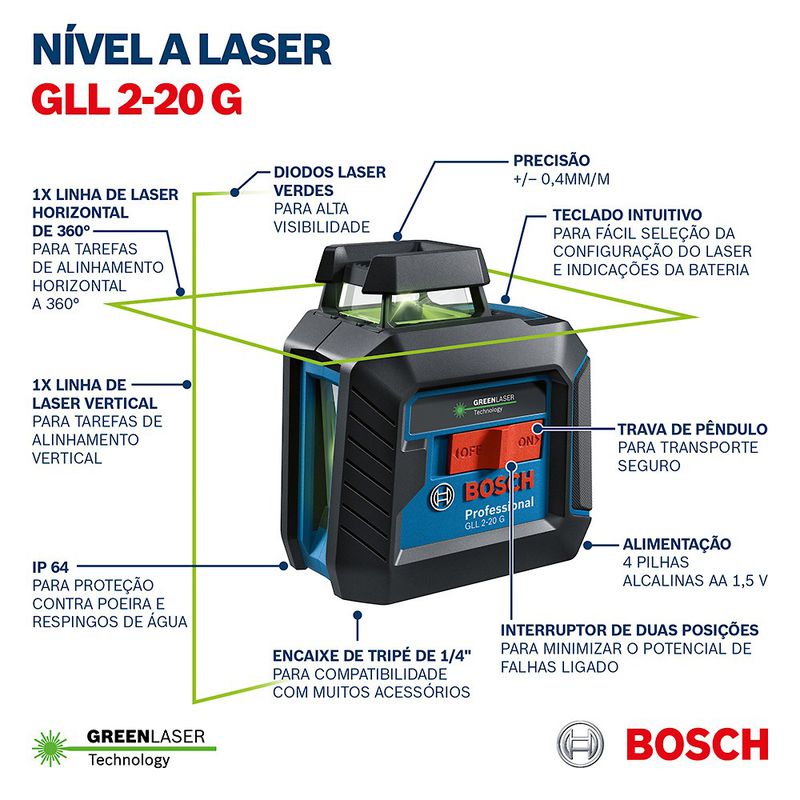 Nível a laser verde de linhas cruzadas Bosch GLL 2-20G 10m