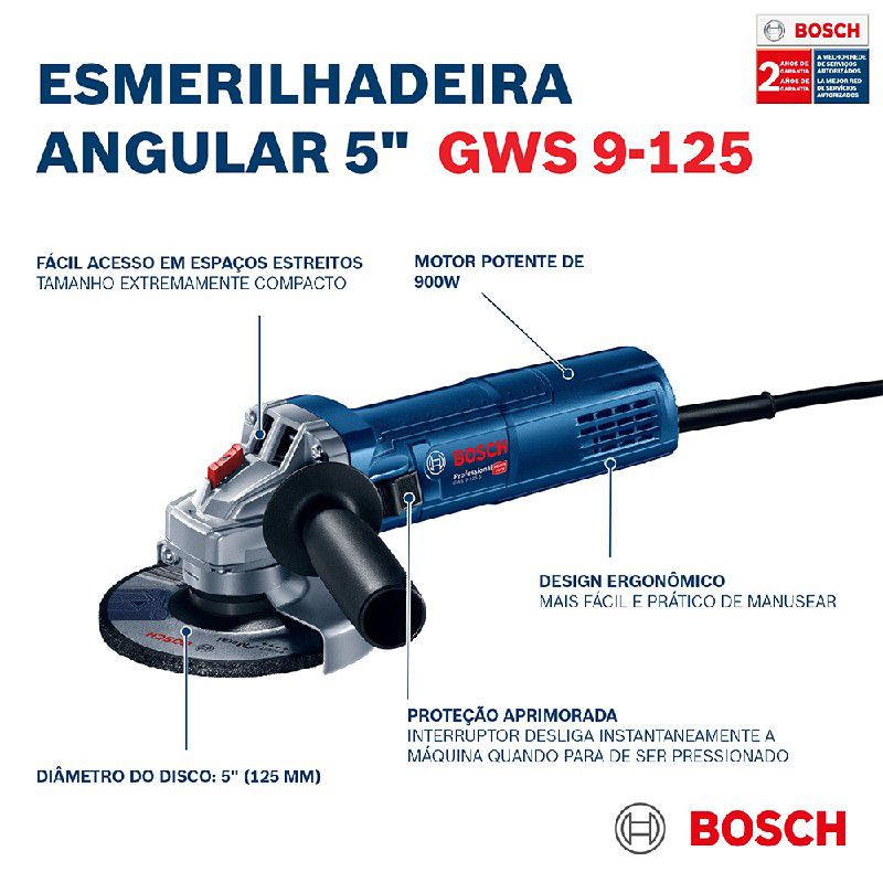 Esmerilhadeira Angular de 5'' Bosch GWS 9-125 900W