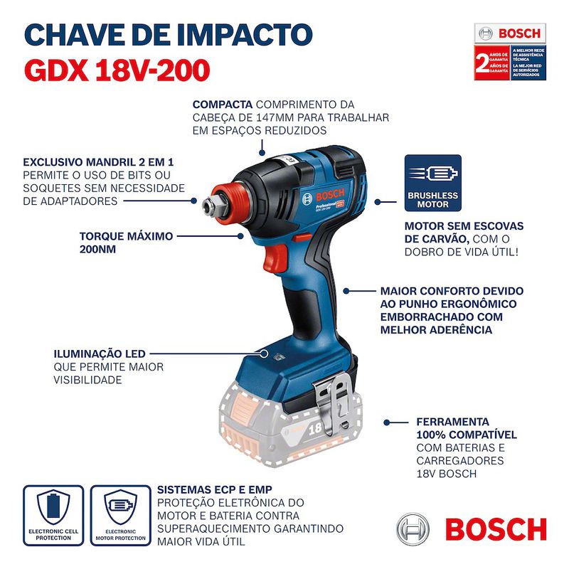 Chave de impacto a bateria Bosch GDX 18V-200 Brushless 18V SB