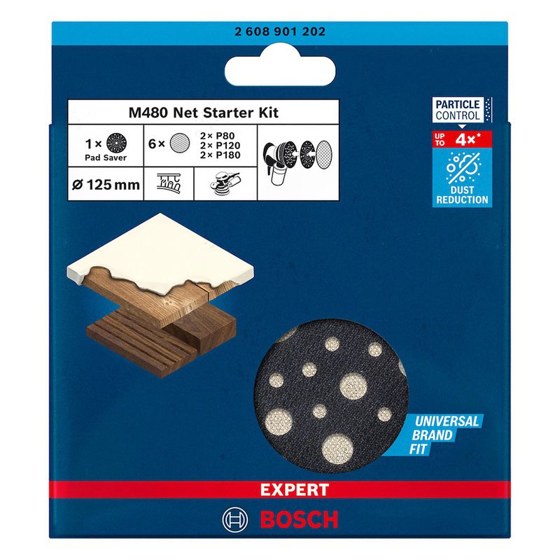 Starter kit Bosch EXPERT M480 125 mm 2xG80 2XG120 2XG180 + 1 prato de borracha, 7 peças