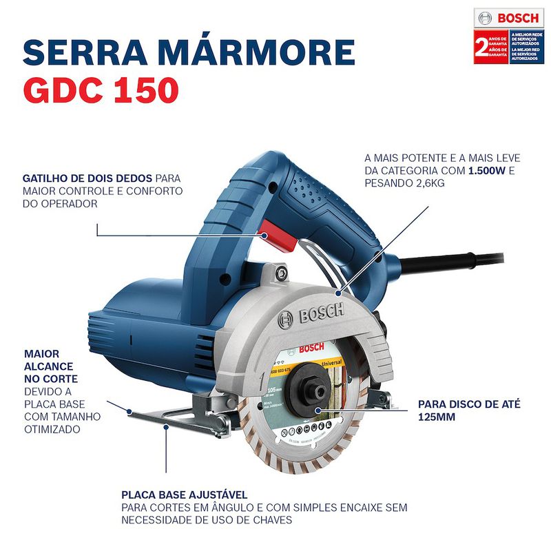 Serra Mármore a seco Bosch GDC 150 TITAN 1500W, com 2 Discos