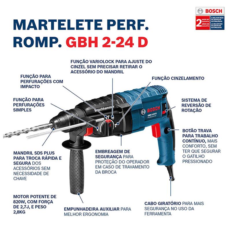 Martelete Perfurador Bosch GBH 2-24 D 820W em maleta
