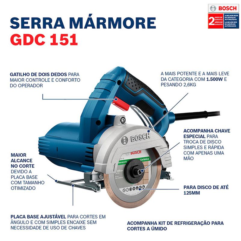 Serra Mármore Bosch GDC 151 TITAN 1500W disco, kit e maleta