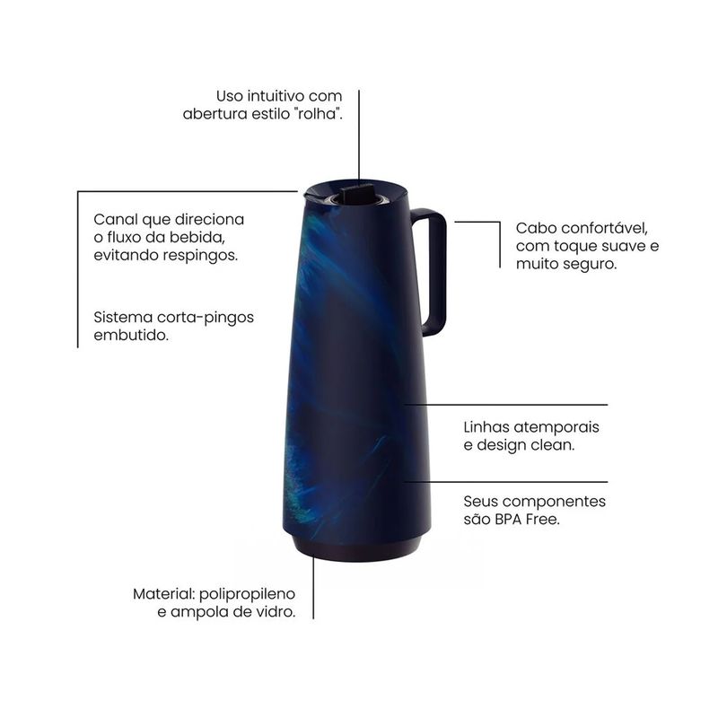 Bule Térmico em Plástico Marmorizado Azul - Exata 1L (61636/221) - Tramontina