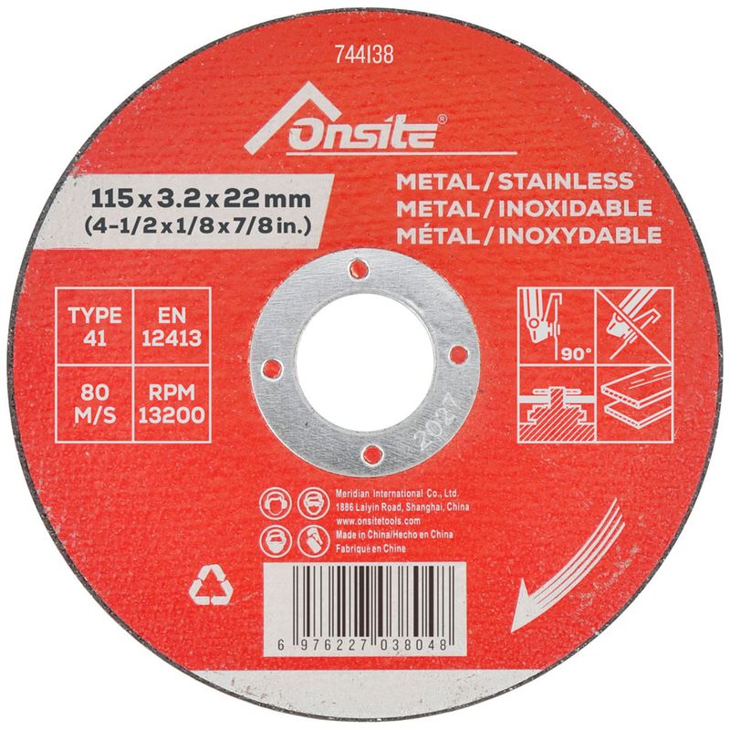 Disco de Corte Para Metal e Inox 4.1/2'' x 3,2mm x 7/8'' (744138) - Onsite