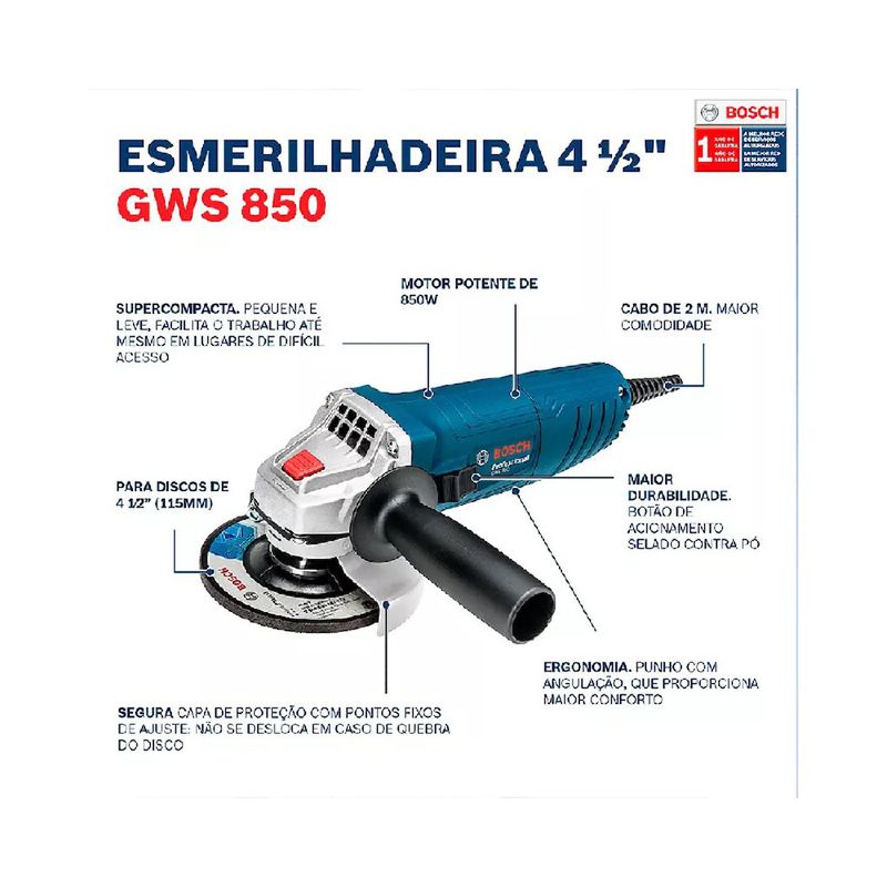 Esmerilhadeira Angular 850W 4.1/2Pol GWS 850 + 3 Discos - Bosch