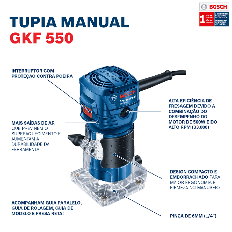 Tupia Bosch GKF 550 com 550W, com 2 Pinças
