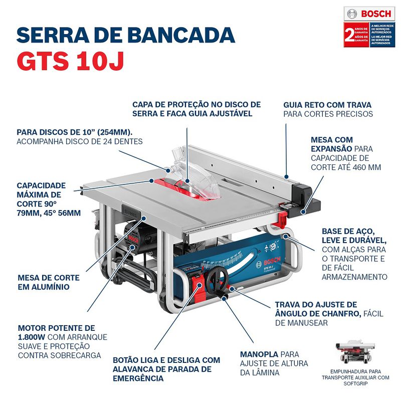 Serra de Mesa Bosch GTS 10 J 1700w com disco e 2 guias